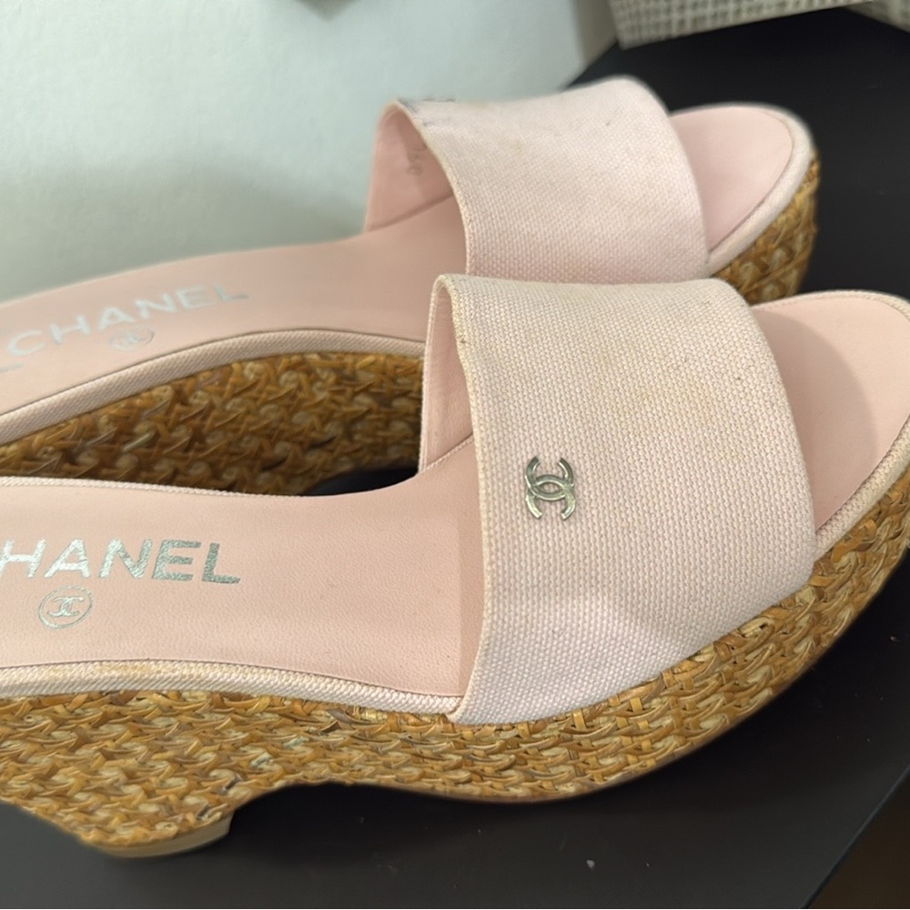 CHANEL Blush Pink Wedge Sandals